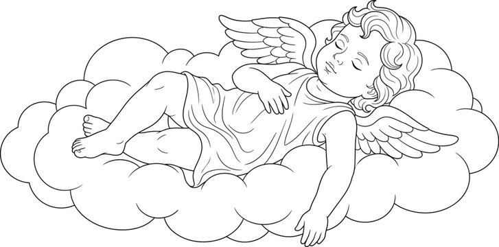 Sleeping Angel on Cloud Line Art Coloring Page Vector Illustration for Kids and Religious Designs