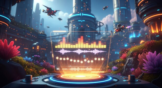 Futuristic holographic interface displaying audio waveforms and equalizer in a vibrant, neon-lit cityscape with flying vehicles