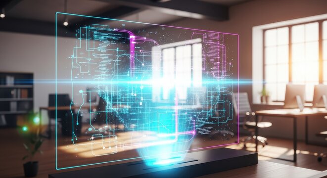 Futuristic holographic interface displaying complex digital data and network connections in a modern office setting, symbolizing innovation and techno