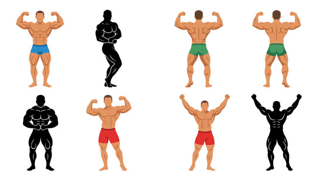 Set of vector collection featuring different bodybuilder action poses, front double biceps pose, side chest pose, back double biceps pose, most muscular pose, flexing arms, victory pose