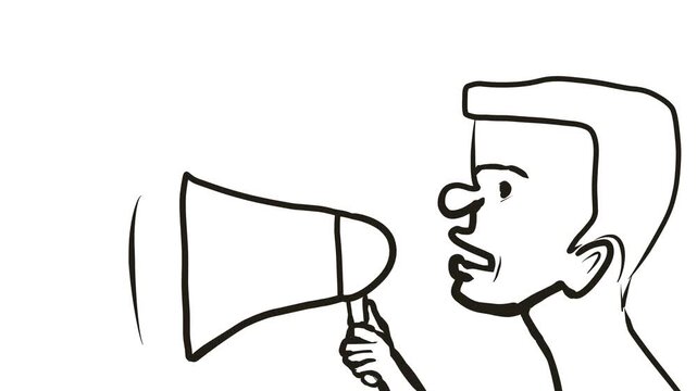 A cartoon character or man is saying something through a loudspeaker.