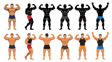 Professional vector collection featuring different bodybuilder action poses, front double biceps pose, side chest pose, back double biceps pose, most muscular pose, flexing arms, victory pose © mehdik
