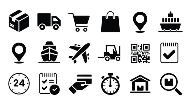 Logistics icon set, solid black delivery, shipping and online shopping symbols, editable vector illustration for e-commerce, supply chain, transportation and retail business.