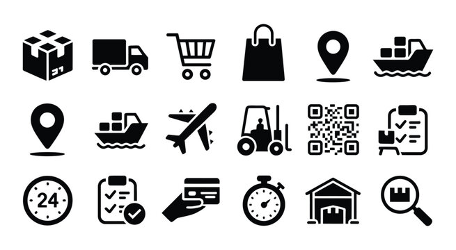 Logistics icon set, solid black delivery, shipping and online shopping symbols, editable vector illustration for e-commerce, supply chain, transportation and retail business.