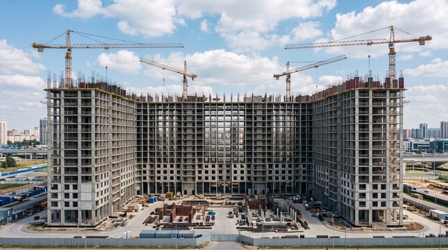Construction site featuring a large unfinished residential apartment building framework with tall industrial cranes towering over the concrete structure under a bright blue sky with scattered clouds i
