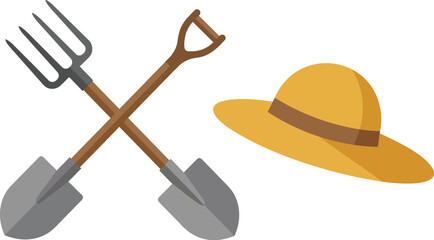 Gardening tools vector set with crossed shovel and pitchfork, yellow straw hat for farming, agricultural equipment icons for landscaping © Bohemia