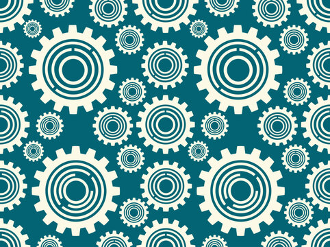 Seamless teal and white gear pattern representing industrial teamwork and mechanical systems
