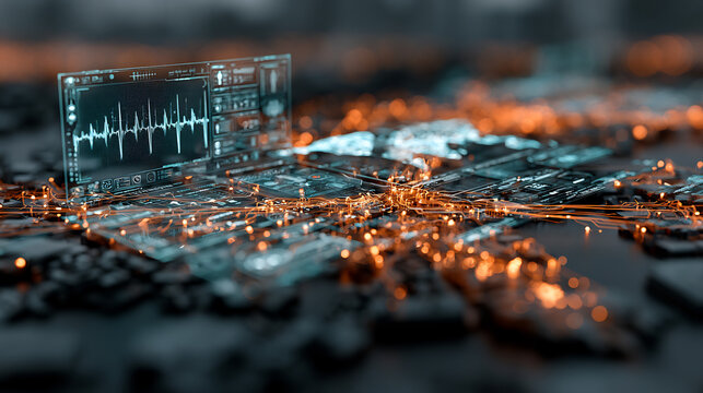 Futuristic digital motherboard with glowing orange data particles, high-tech electronic circuit board, holographic medical heart rate monitor display