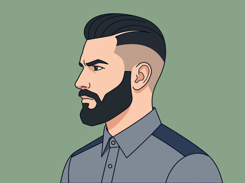 Vector Illustration of a Handsome Man with Stylish Undercut Hairstyle and Groomed Beard Profile View