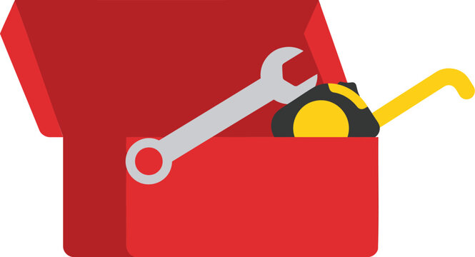 Red metal toolbox with hand tools, open tool box with wrench and tape measure, flat vector illustration for home repair and construction