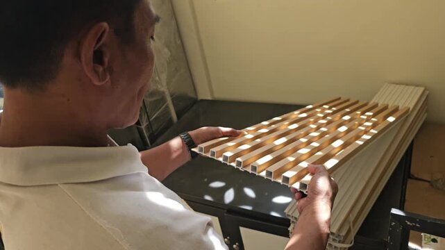 Man inspecting flexible WPC fluted wall panel sample testing material quality for interior design and home renovation projects
