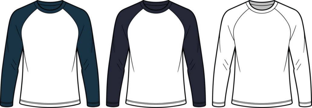 Classic raglan long sleeve t shirt vector fashion flat sketch design template for apparel mockups