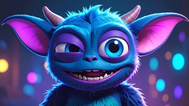 A cute blue furry creature smiles with large expressive eyes