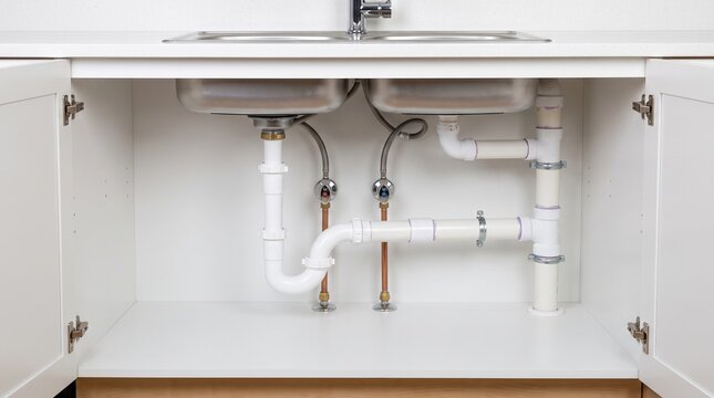 Kitchen Double Sink Plumbing System with PVC Drain Trap and Water Supply Lines
