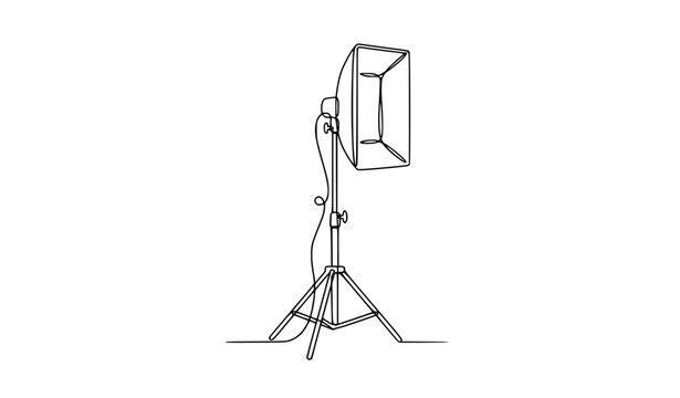 Studio softbox lamp continuous one line vector illustration for filmmaking and content creation