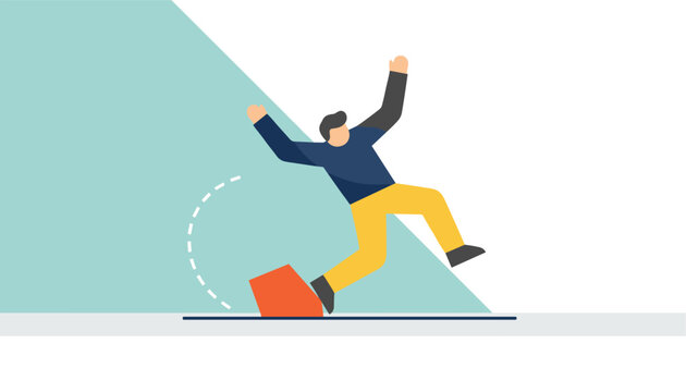 Workplace accident concept shows man slipping on wet floor and falling backwards over cardboard box hazard.