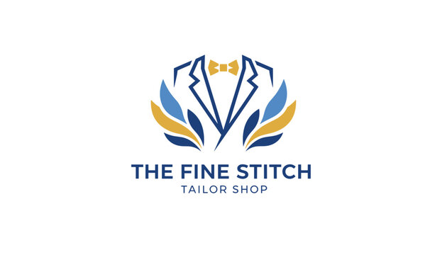 Tailor shop logo features elegant suit outline with bowtie surrounded by stylized gold and blue leaves.