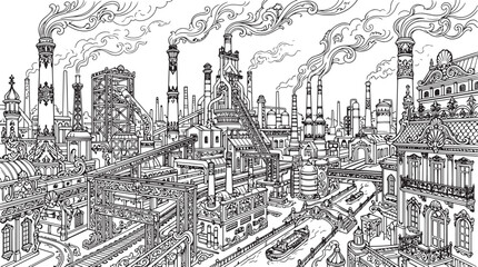 Fototapeta premium City landscape. Line urban backdrop, different buildings on street, doodle street draw, outline cityscape hand sketch, flat houses. Hand drawn vector illustration