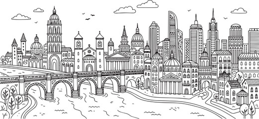 Obraz premium City landscape. Line urban backdrop, different buildings on street, doodle street draw, outline cityscape hand sketch, flat houses. Hand drawn vector illustration
