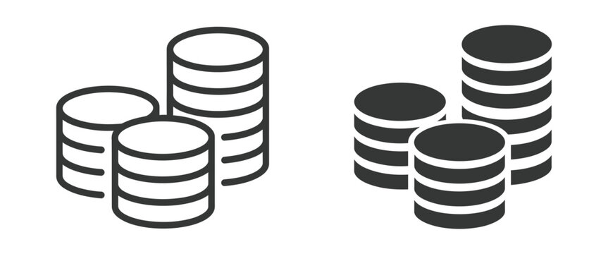 Coin icon set, stacked currency symbols, outline and solid style, editable vector illustration isolated on transparent background for finance, banking, investment and payment.