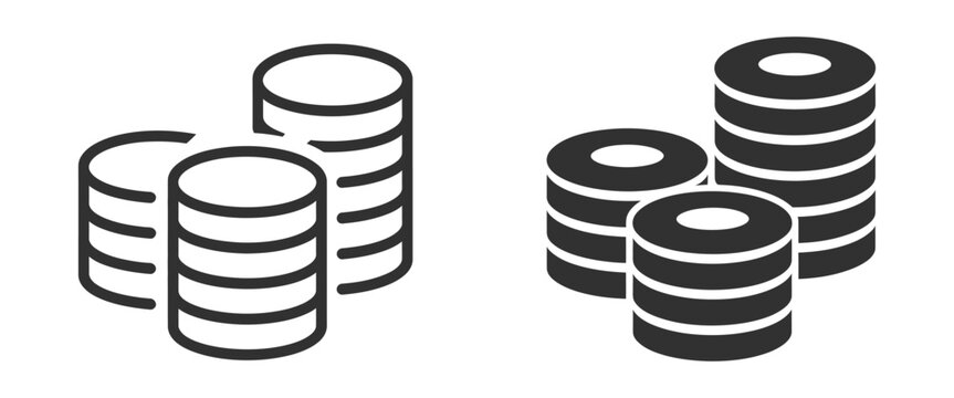 Coin icon set, stacked currency symbols, outline and solid style, editable vector illustration isolated on transparent background for finance, banking, investment and payment.