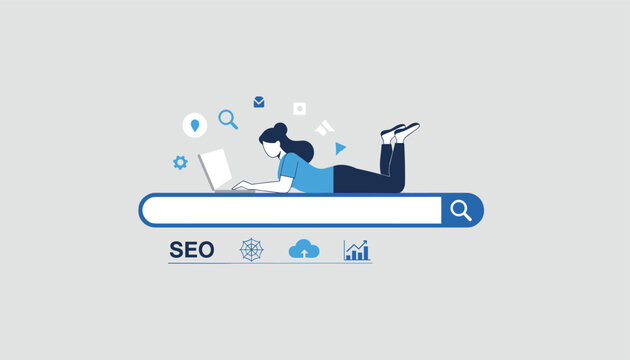 Web search engine optimization concept showing a young woman working on her laptop on a giant digital search bar.