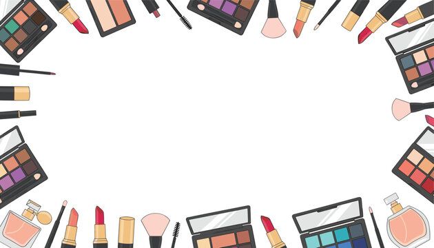 Cosmetic products border frame featuring eyeshadow palettes, lipsticks, makeup brushes, and perfume bottles.
