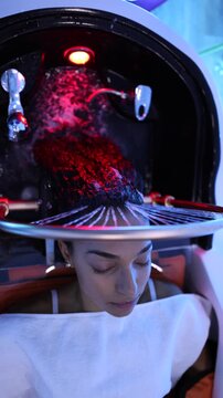 Relaxed woman with eyes closed getting a scalp massage and hydrotherapy hair wash using a modern machine with changing colorful led lights in a professional beauty salon for wellness