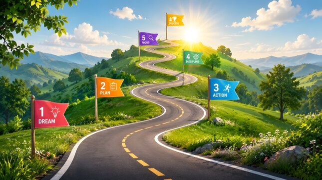 Illustration showing winding road toward success with colorful flags marking milestones.