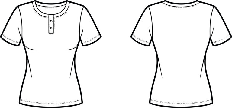 Detailed fashion flat illustration showcasing a womens short sleeve Henley t shirt with a classic button placket neckline