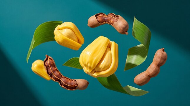 Flying jackfruit pods tamarind and banana leaf on blue background