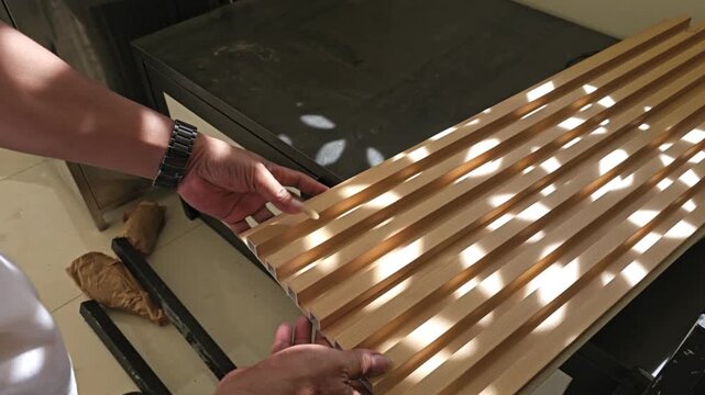 Hands of a worker aligning and connecting fluted wooden panels, demonstrating the interlocking mechanism of WPC decorative wall cladding for home improvement