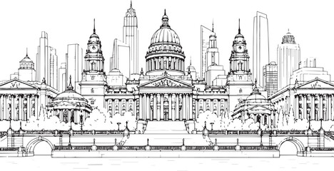 Obraz premium City landscape. Line urban backdrop, different buildings on street, doodle street draw, outline cityscape hand sketch, flat houses. Hand drawn vector illustration