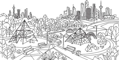 Fototapeta premium City landscape. Line urban backdrop, different buildings on street, doodle street draw, outline cityscape hand sketch, flat houses. Hand drawn vector illustration