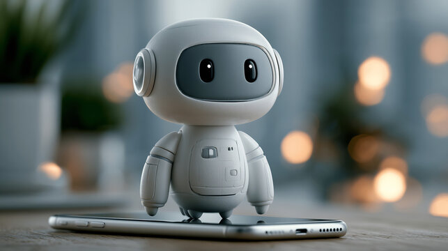 Futuristic white robot character on smartphone, cute artificial intelligence assistant, friendly 3D android bot for mobile technology and smart apps