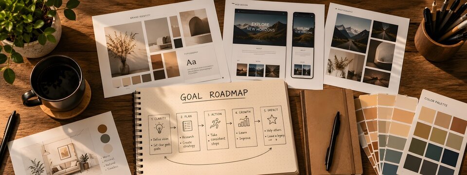 Flat lay of creative workspace with design mood board and goal roadmap.