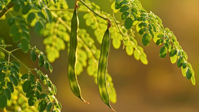 Moringa Pods and Leaves Bathed in Golden Sunlight