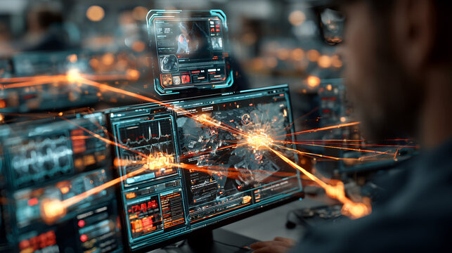 Futuristic cybersecurity command center with digital data interface, high-tech network security monitoring station, advanced computer software analytics
