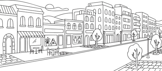 Obraz premium City landscape. Line urban backdrop, different buildings on street, doodle street draw, outline cityscape hand sketch, flat houses. Hand drawn vector illustration