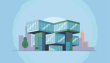 Fototapeta premium Modern commercial office building featuring blocky cantilevered glass architecture sits against a stylized blue sky and city skyline background.