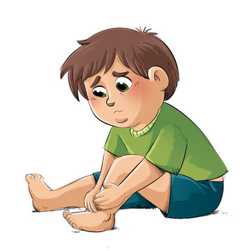 Ni&ntilde;o peque&ntilde;o triste porque se lastim&oacute; el pie, dibujo aislado