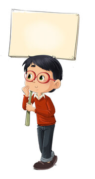 Ni&ntilde;o con gafas caminando y sosteniendo una pancarta, ilustraci&oacute;n infantil