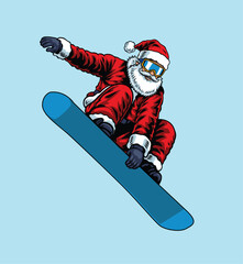 Fototapeta premium Detailed vintage hand drawn illustration of Santa Claus performing a high jump trick on a blue snowboard