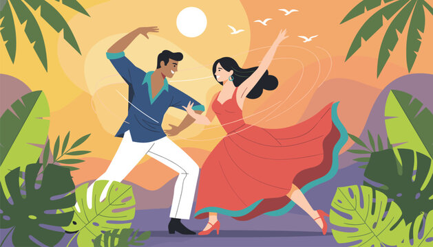 Joyful young couple dancing salsa passionately on a tropical beach at sunset under palm trees with flying seagulls.