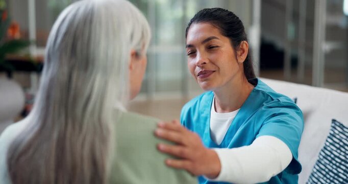 Shoulder, comfort and nurse with senior woman for empathy, compassion and support for news. Nursing home, talking and caregiver with elderly person for consulting, help and console for diagnosis