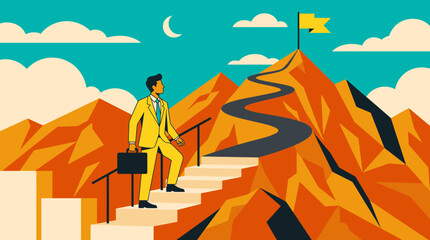 Fototapeta premium Businessman in yellow suit carrying briefcase climbing stairs towards winding mountain path and flag at the summit, Represents career advancement and symbolizing professional success