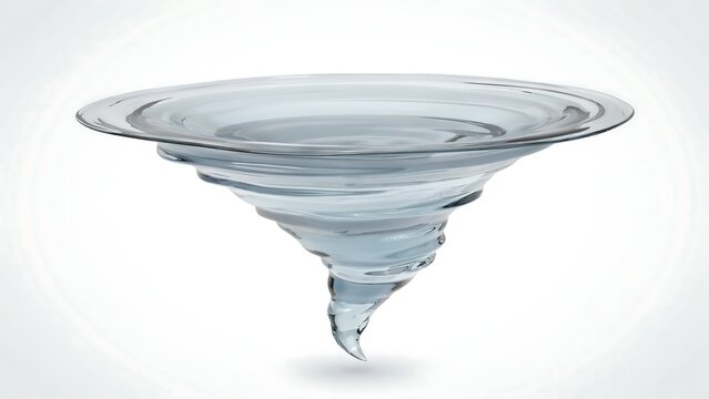 Water vortex spins in a clear funnel shape against a bright white background.