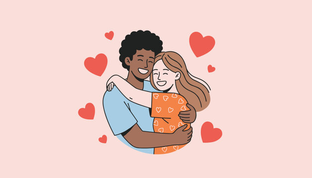 Smiling multicultural couple embracing warmly inside a frame surrounded by red hearts on a soft pink background.