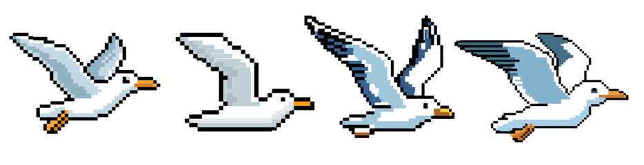 Obraz premium Set of flying seagull 8-bit pixel retro vector graphic icons