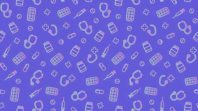 Medical symbols cover this purple background pattern for healthcare designs.